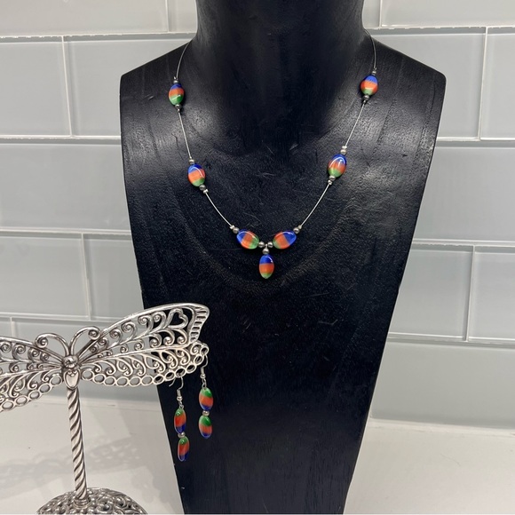 Rainbow Color Cat’s Eye Stone Wire Strung Necklace and Dangle Drop Earrings Set - Picture 1 of 6